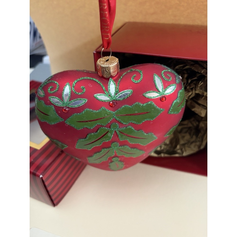 Waterford Victorian Jewel Red Holly Jolly Heart Glass Christmas Ornament 4.5" - Picture 5 of 5